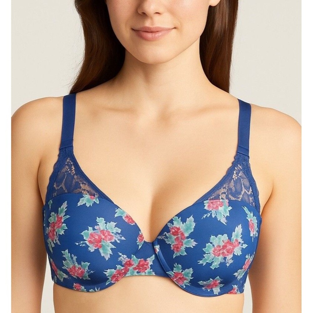 Maidenform Women’s 36 D Floral Lace T-Back Bra Blue Pink Green Slightly Padded
